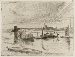 早朝、バタシー、1861年（紙に乾燥点） 作： James Abbott McNeill Whistler